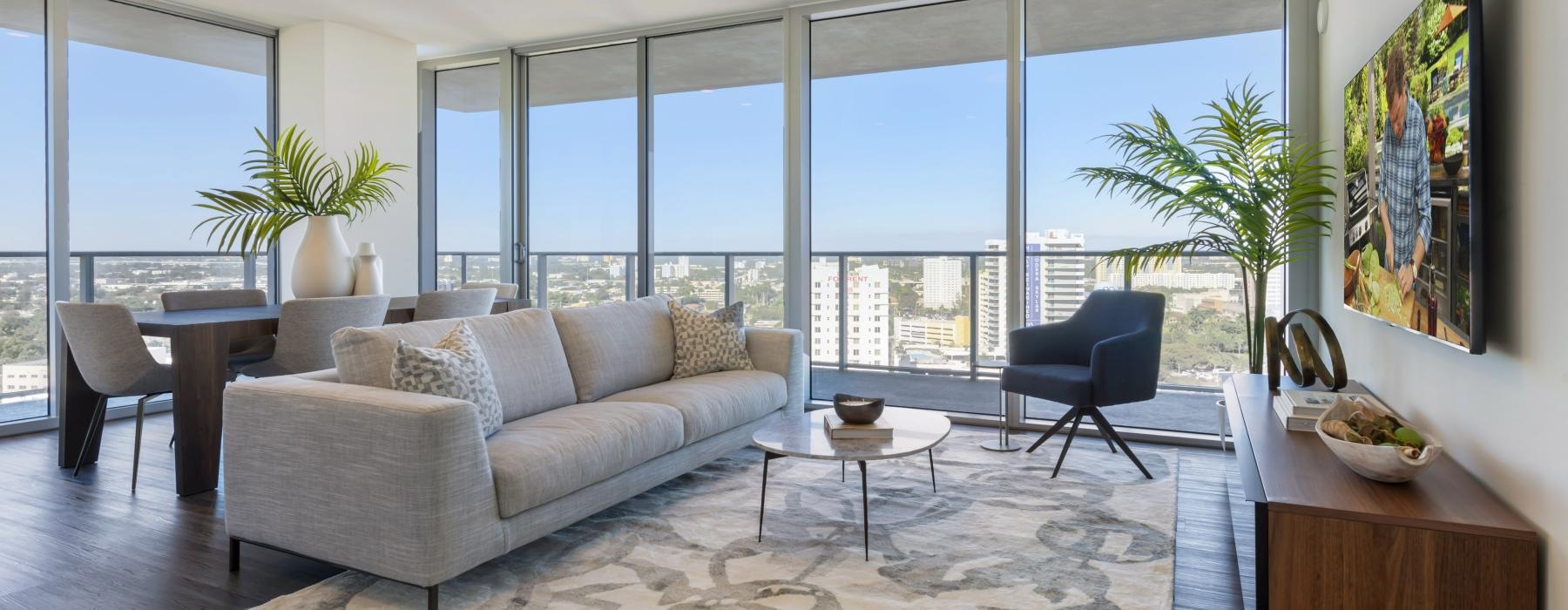 a living room with a large window