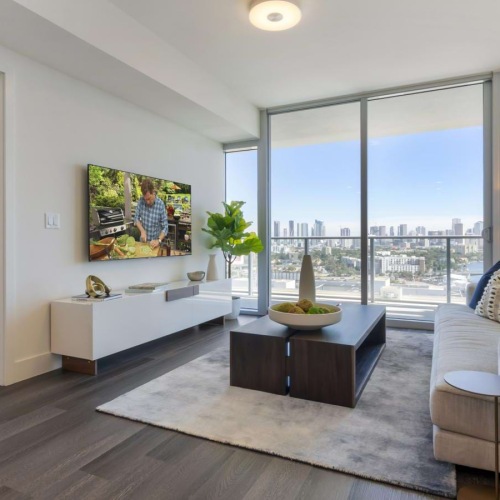 a living room with a large window